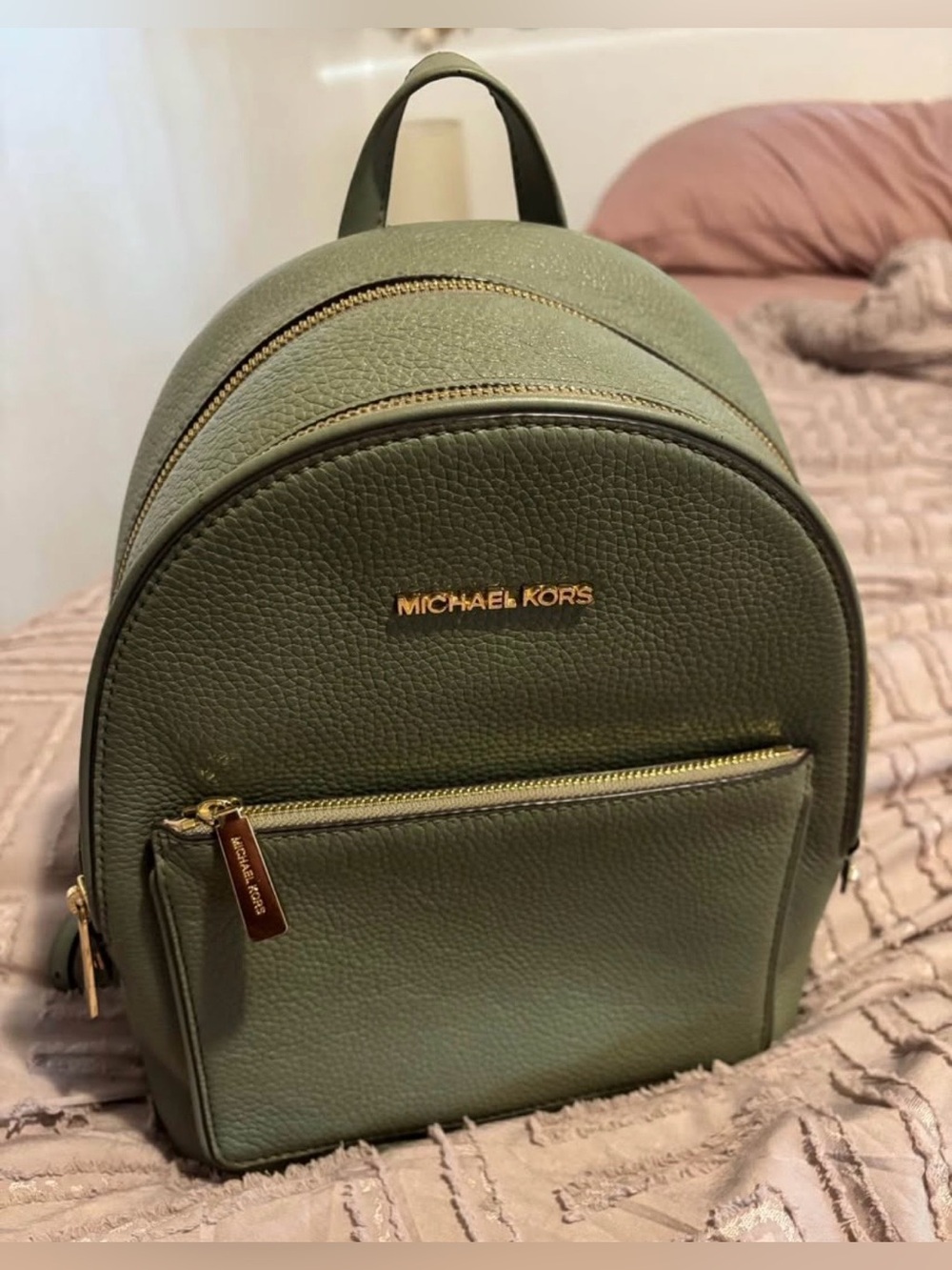 Michael Kors Olive Pebbled Leather Backpack with Gold Hardware
